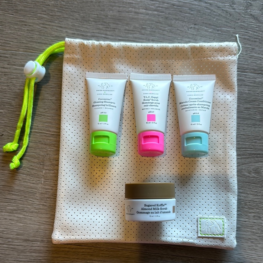 Drunk Elephant Hair Minis set with white make up bag 15ml